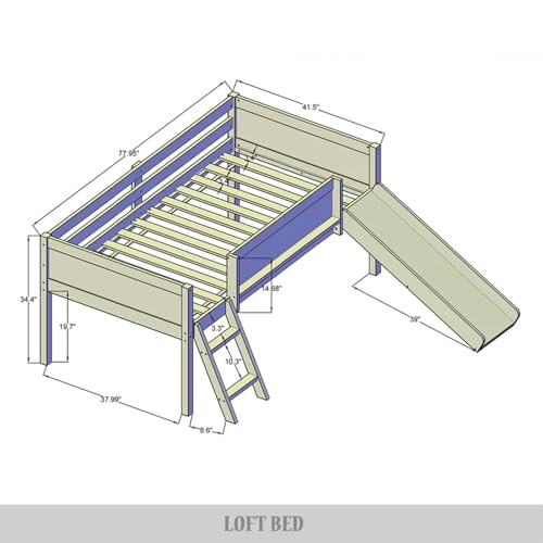 Antique Gray Wood Twin Loft Bed Frame with Slide, Climbing Ladder, Chalkboard, Guardrail B57193