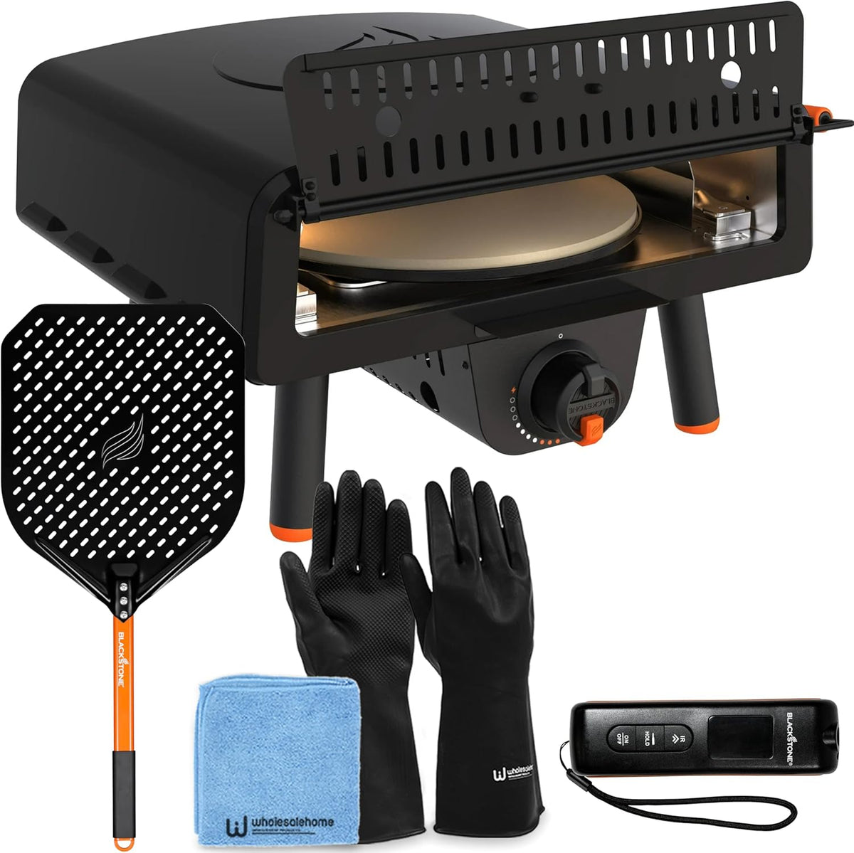13" Rotating Stone Pizza Oven with Thermometer, Peel, Gloves & Cloth U293