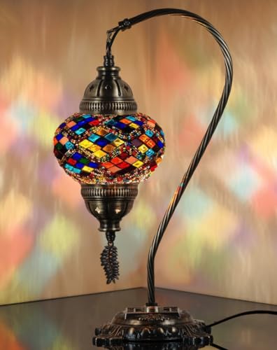 Turkish Moroccan Mosaic Table Lamp Handcrafted Tiffany-Style Colorful Glass Swan Neck Bedside Desk Table Light Boho Artisan Accent Lighting 15" H Black White Q3311