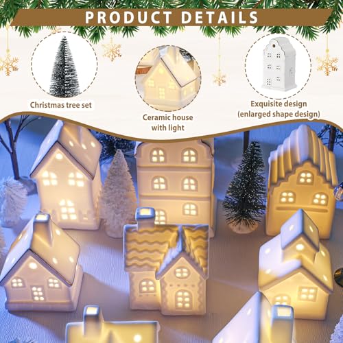 28 Pcs Ceramic LED White Christmas Village Set with Houses, Trees, Lamp Post I702497