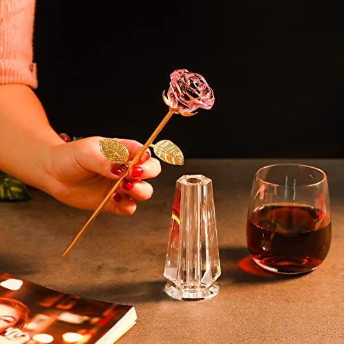 Crystal Pink Rose Flowers Glass Rose Golden Stem with Crystal Vase Figurine Collectible Decor H3286