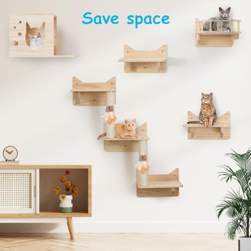9-Piece Wall-Mounted Cat Shelves Set with 2 Sisal Scratching Posts A489234