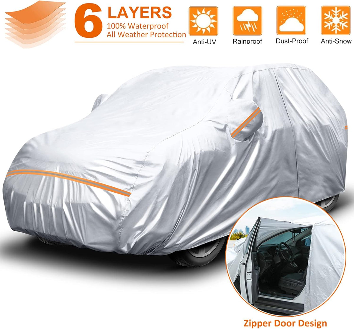 Waterproof All Weather 6 Layers Car Cover with Zipper Door & Storage Bag O560