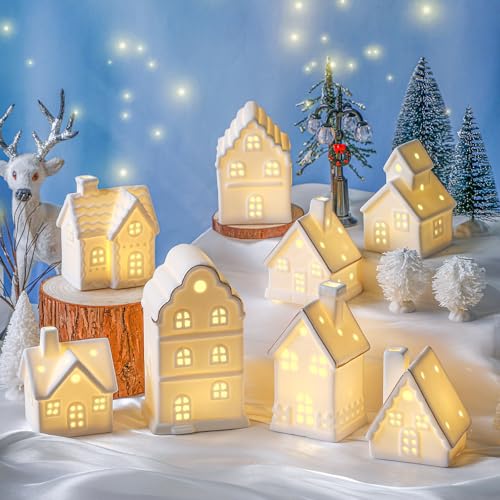 28 Pcs Ceramic LED White Christmas Village Set with Houses, Trees, Lamp Post I702497