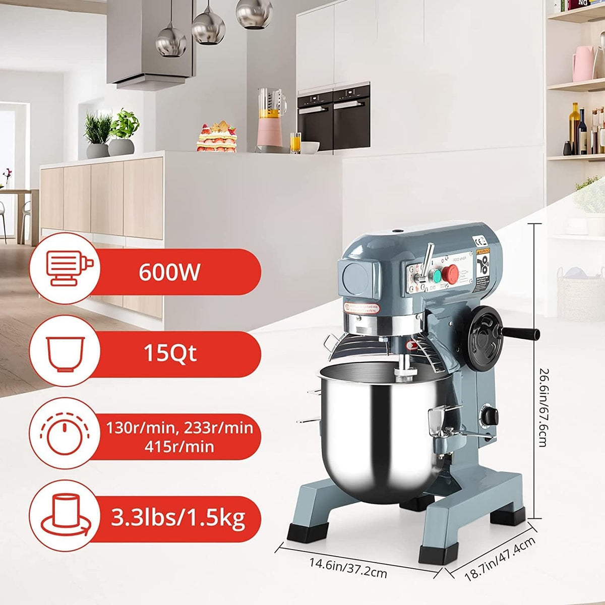 15QT 600W 110V 3 Speeds Adjustable Stand Mixer with Stainless Steel Bowl M382