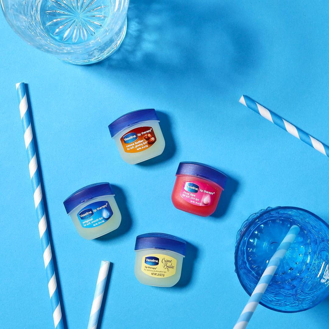 Vaseline Lip Therapy Rosy Lips, Cocoa Butter, Creme Brulee, Original Lip Balm, Tinted and Clear Lip Gloss Set, 2 of Each, 0.25 Oz Ea (8 Piece Set) R489
