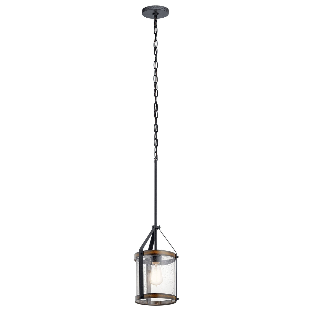 Distressed Black and Wood Seeded Glass Mini Pendant Light E45987
