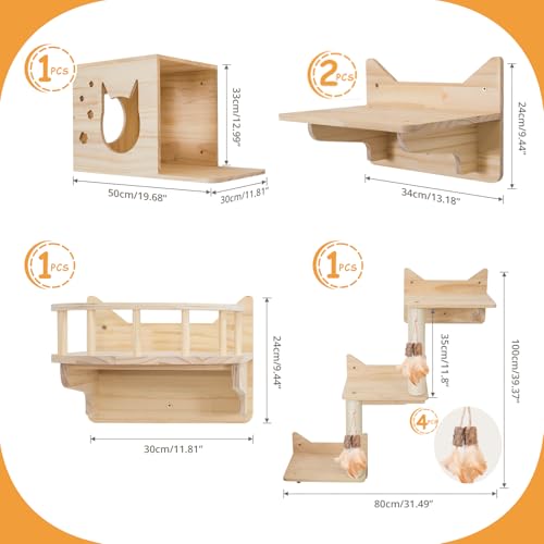 9-Piece Wall-Mounted Cat Shelves Set with 2 Sisal Scratching Posts A489234