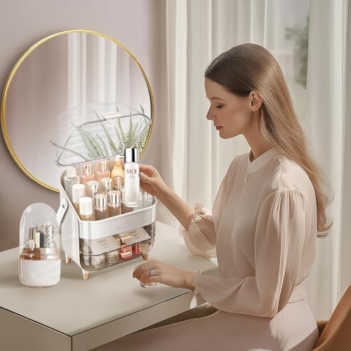 White 15" L×8.5"W×12"H Desktop Makeup Box with Drawers M58495