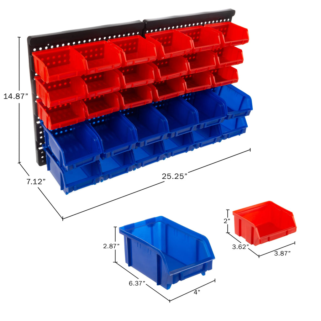 Wall-Mounted Garage Storage Bins 30-Compartment Black Red Blue K839593