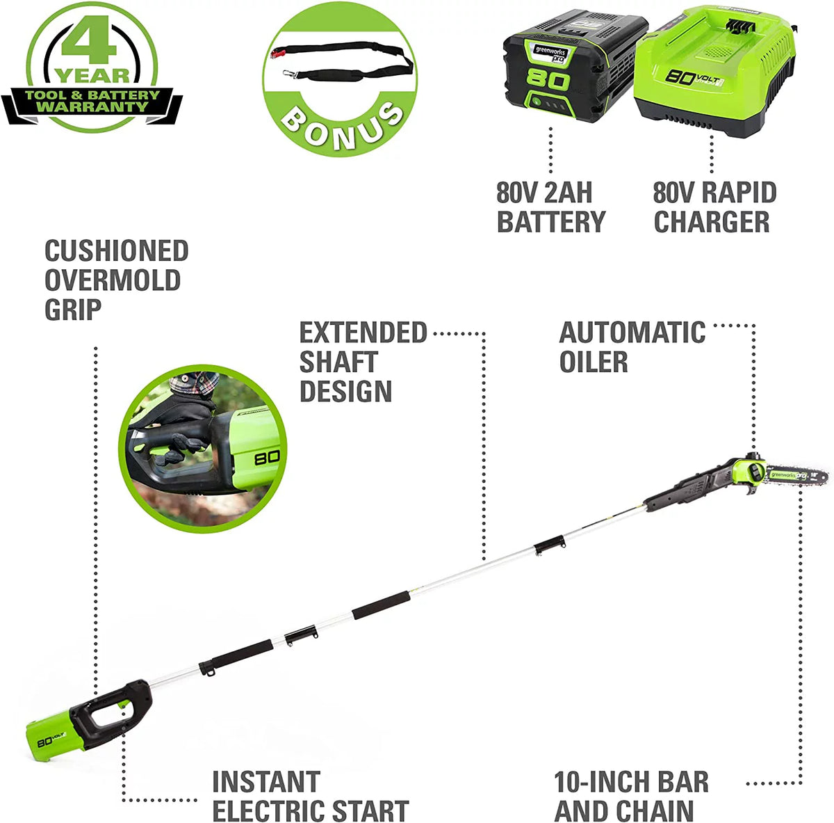 80V Cordless Battery Polesaw with 2.0Ah Battery & Rapid Charger P521