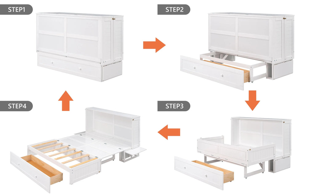 White Queen Size Wood Murphy Bed Cabinet with Storage Drawer P632