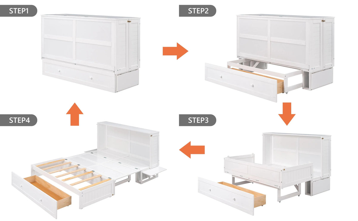 White Queen Size Wood Murphy Bed Cabinet with Storage Drawer P632