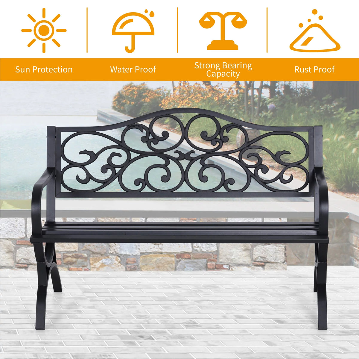 50" Outdoor Iron Cast Garden Park Bench - Black L929