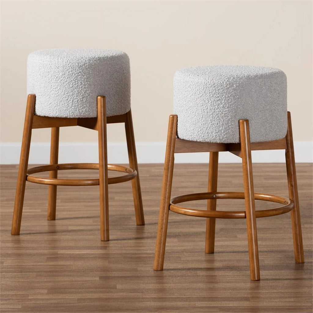 Light Gray Fabric and Brown Wood 2-Piece Bar Stool Set M90703