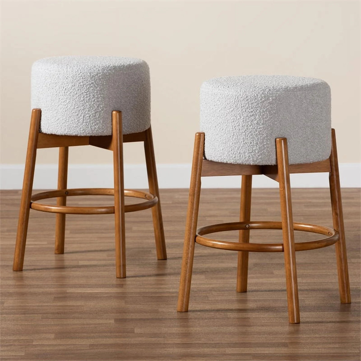 Light Gray Fabric and Brown Wood 2-Piece Bar Stool Set M90703