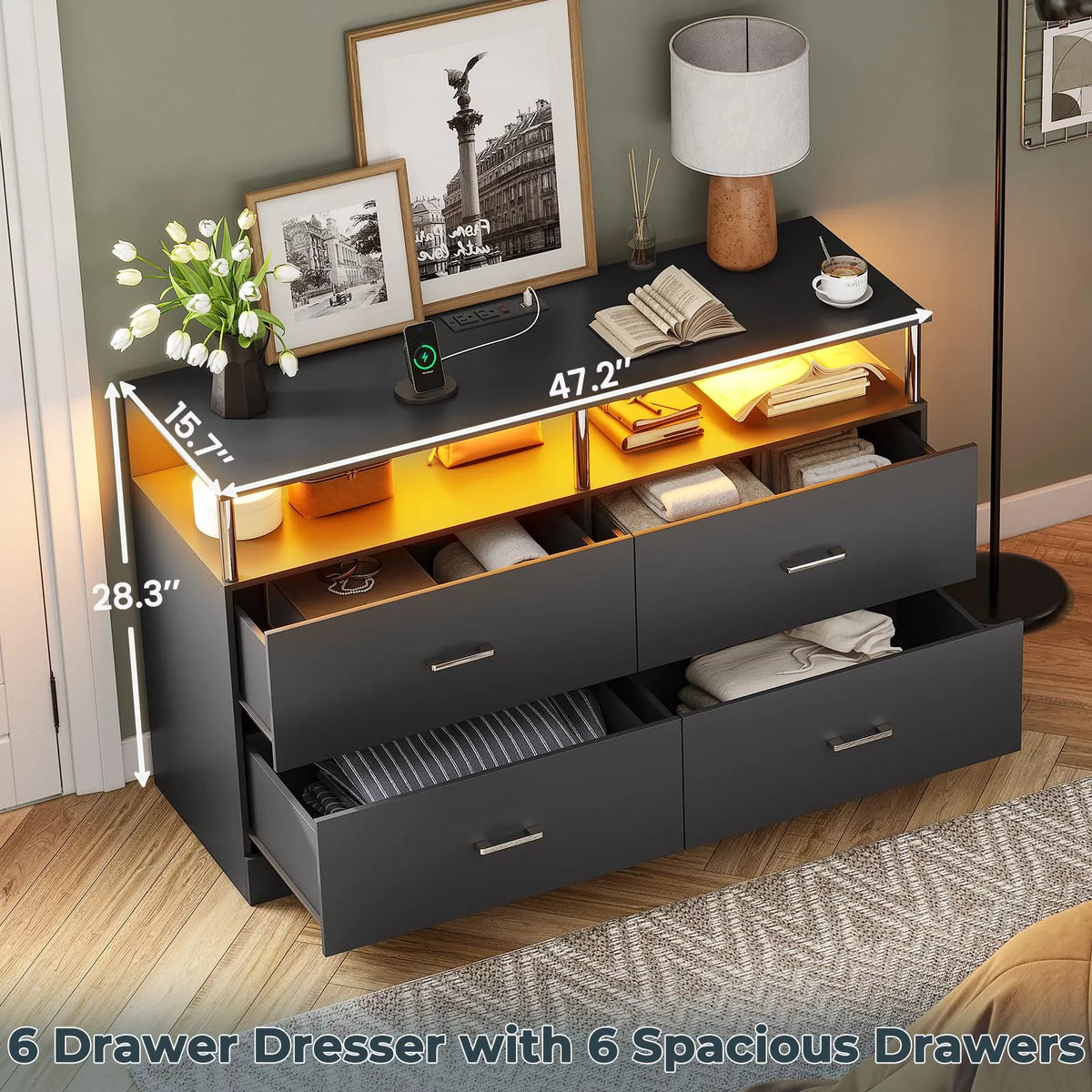 Black 6 Drawer Dresser with Charging Station and LED Light F3157