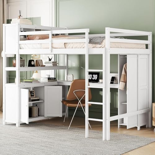 Full Loft Bed with Desk, Wardrobe, Bookshelf & Storage, Dark Blue, Wood T553