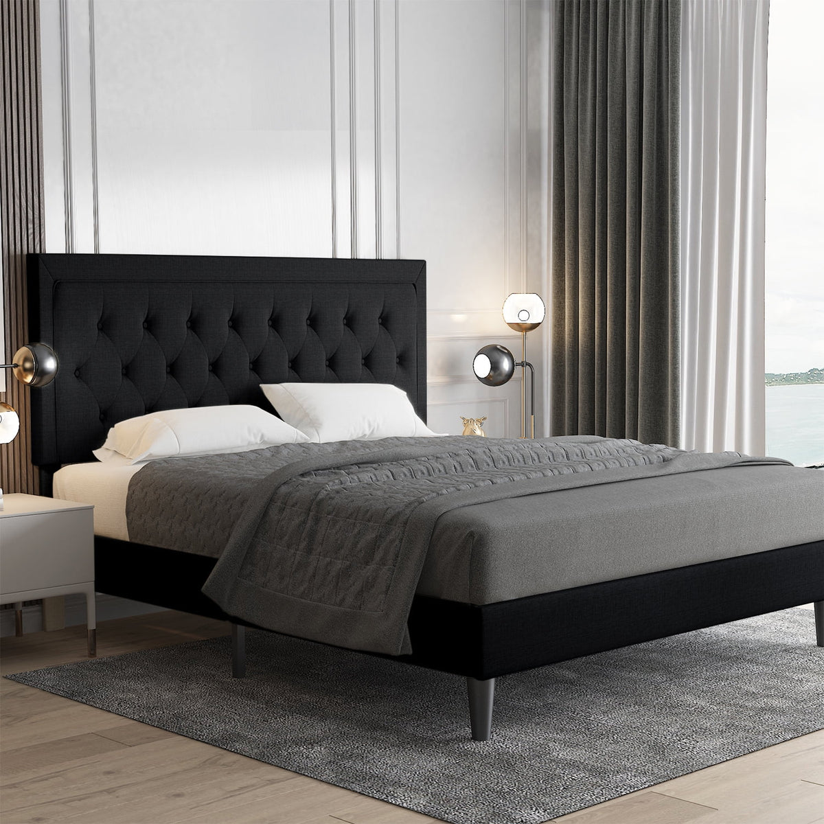 Queen Size Upholstered Platform Bed with Adjustable Headboard D391090