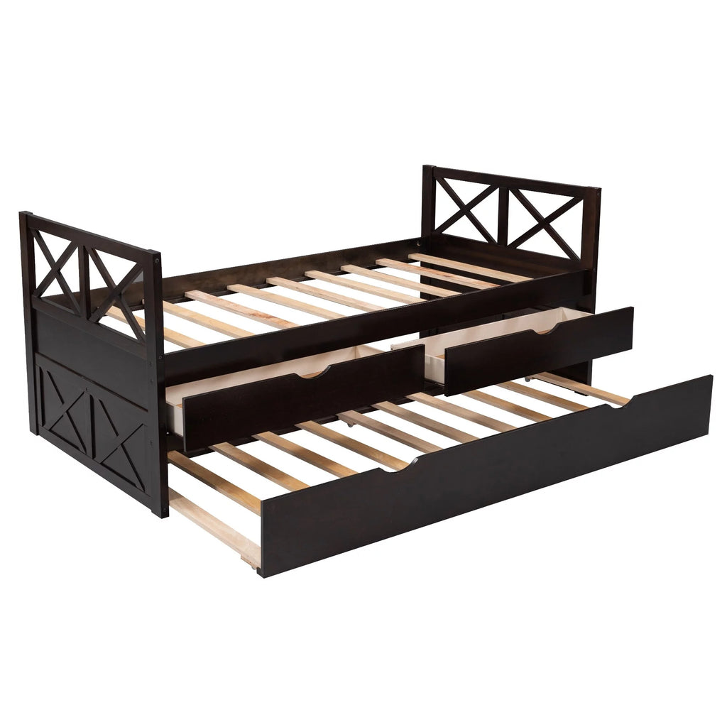 Solid Pine Wood Daybed with Two Drawers and Trundle D342