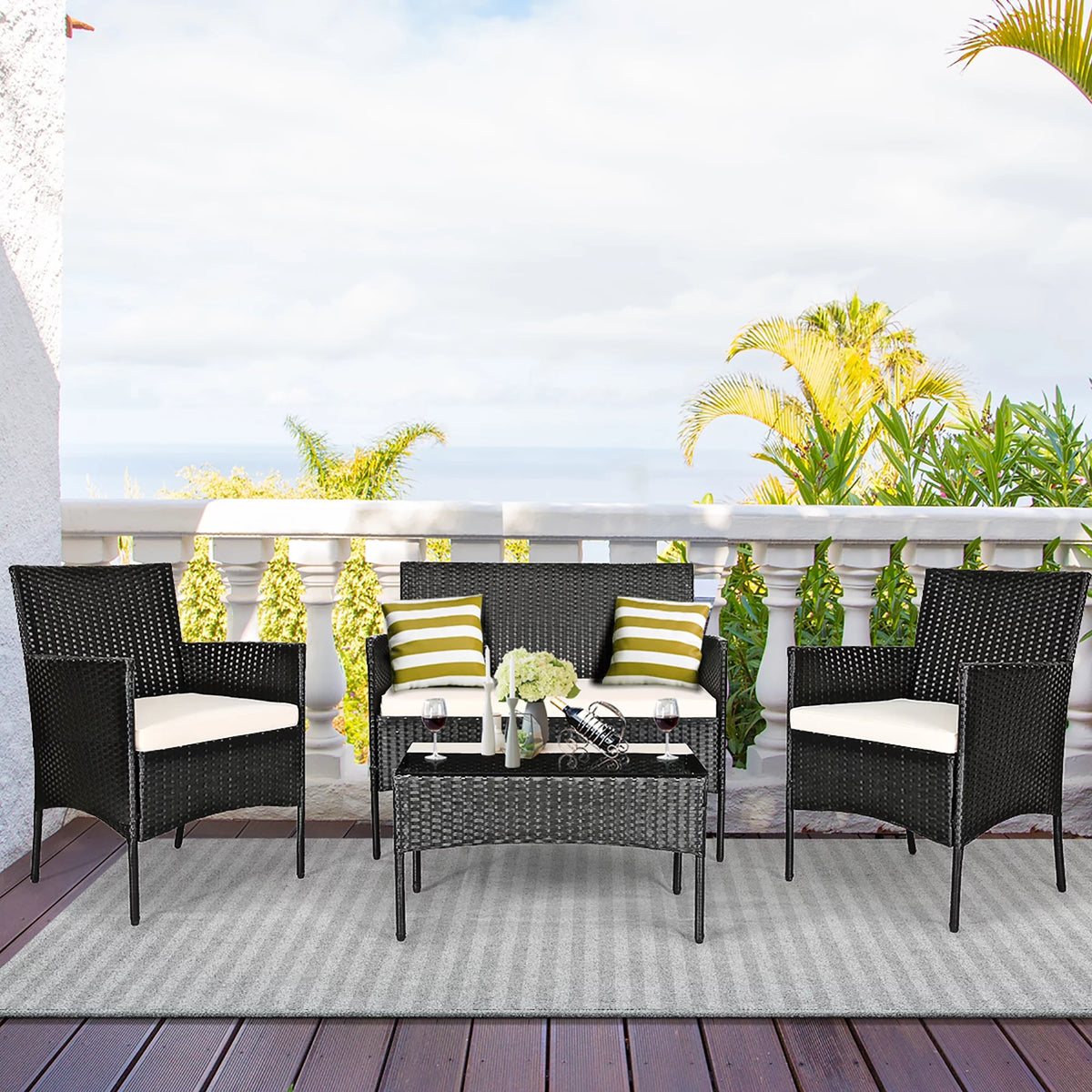 4 Pcs Cushioned Patio Rattan Furniture Set D400