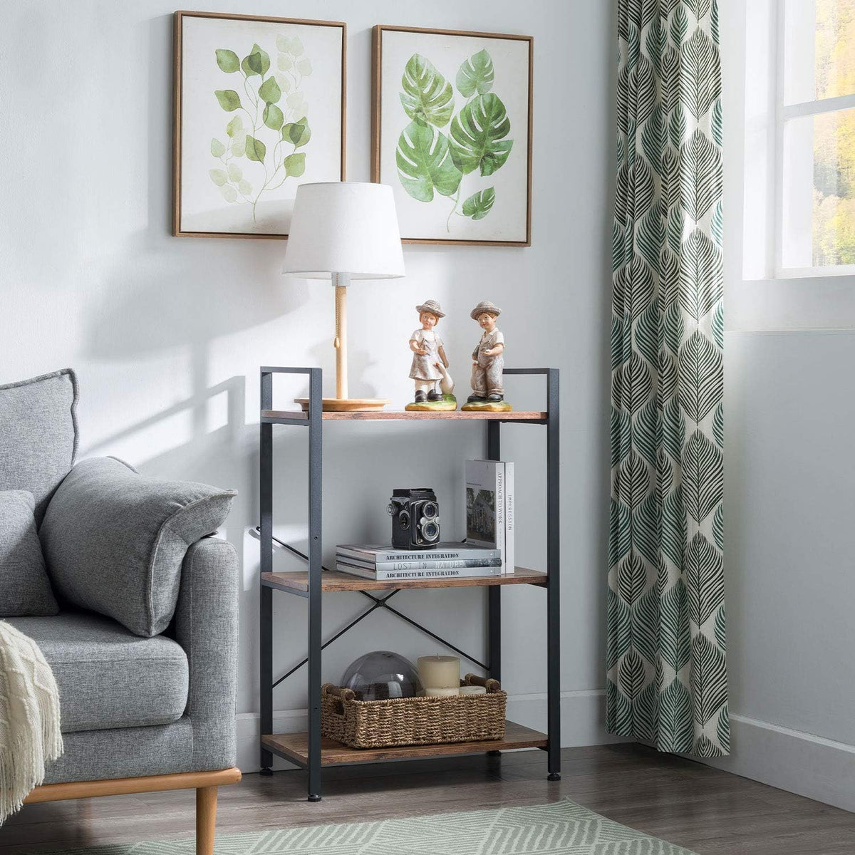 5-Tier Industrial Retro Brown Wood and Metal Bookcase E704