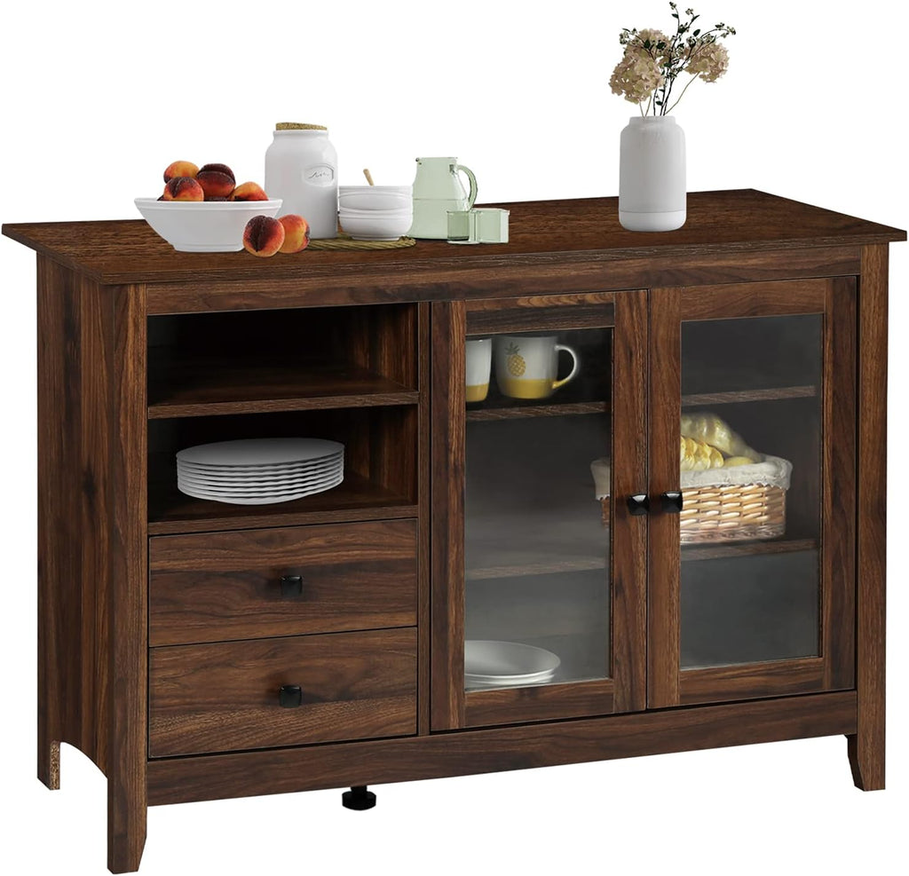 Rustic Farmhouse Kitchen Buffet Sideboard with Glass Doors, 2 Drawers, Open Compartments, Wood Console Table, Walnut A97513