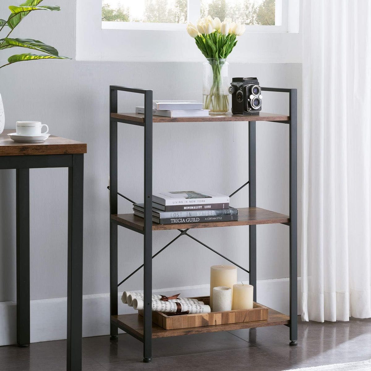 5-Tier Industrial Retro Brown Wood and Metal Bookcase E704
