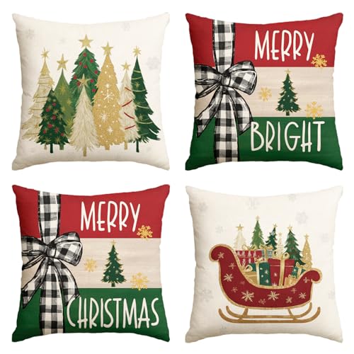 Merry Bright Christmas Trees Throw Pillow Covers, 18 x 18 Inch Set of 4 W403
