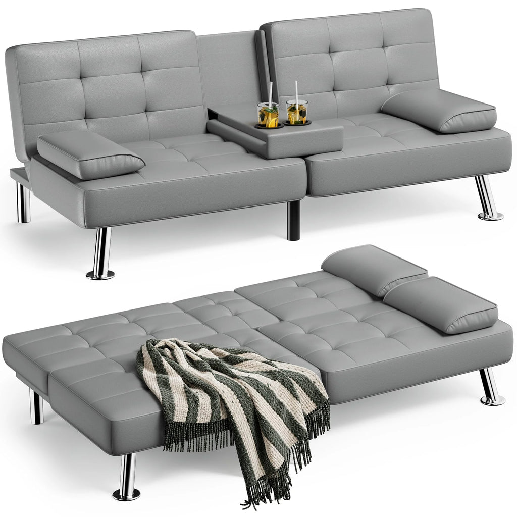Grey Faux Leather Foldable Futon Sofa Bed with Removable Armrests I6308