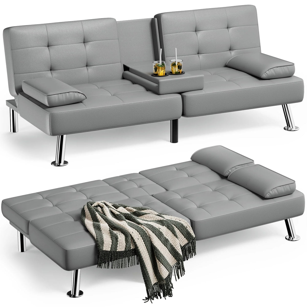 Grey Faux Leather Foldable Futon Sofa Bed with Removable Armrests I6308