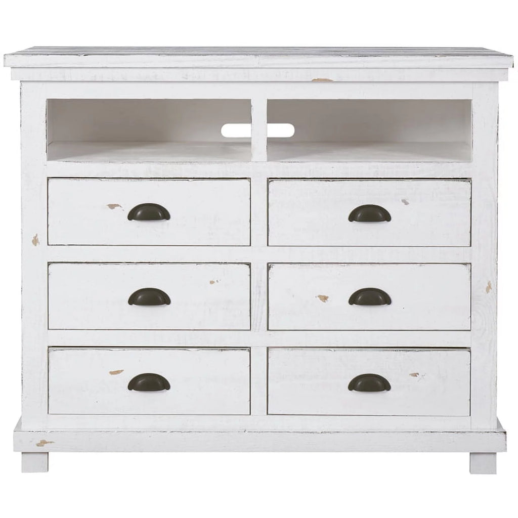 Distressed White 6 Drawer Wooden Media Chest S569