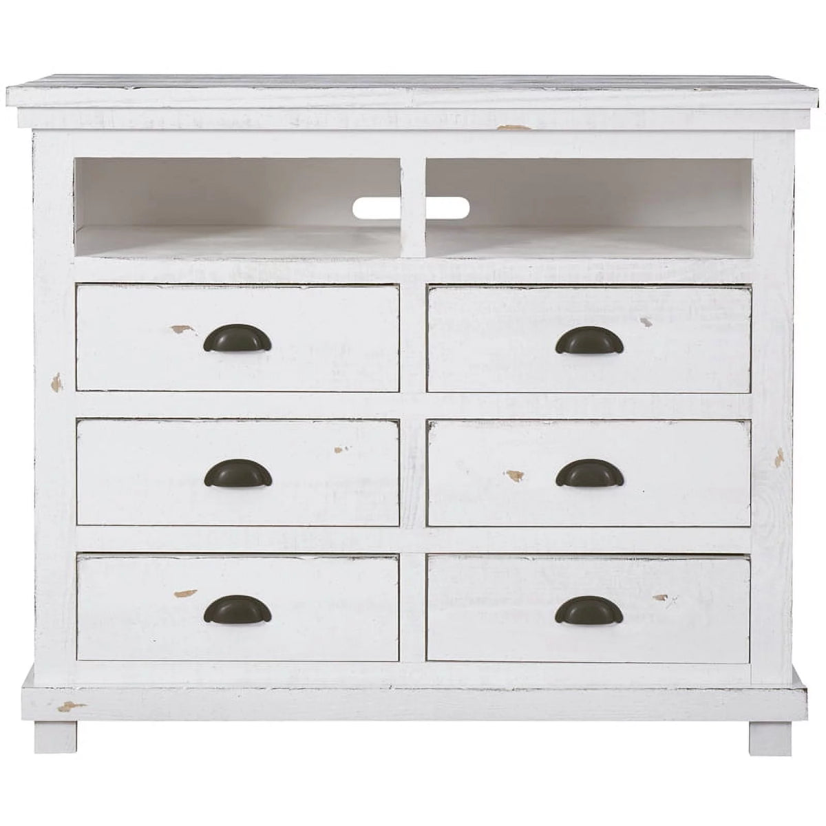 Distressed White 6 Drawer Wooden Media Chest S569