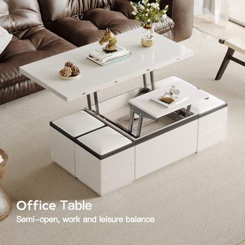 White Lifting Top Coffee Table with Four Stools T189770