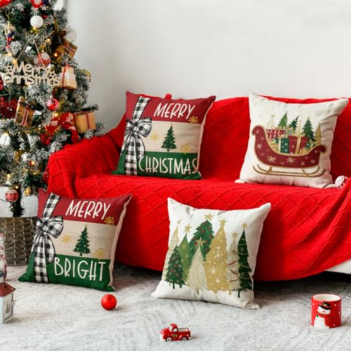 Merry Bright Christmas Trees Throw Pillow Covers, 18 x 18 Inch Set of 4 W403