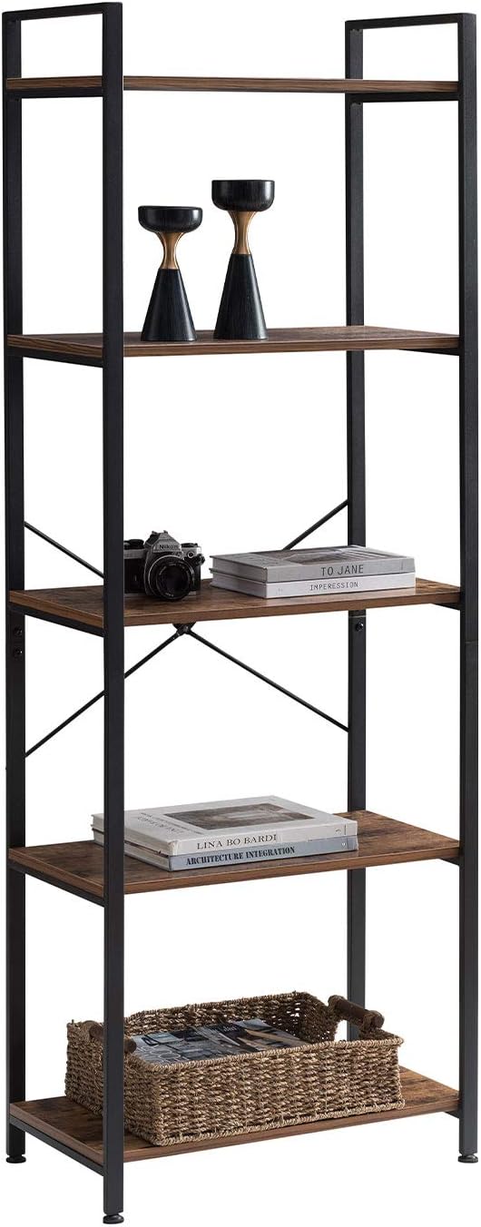 5-Tier Industrial Retro Brown Wood and Metal Bookcase E704