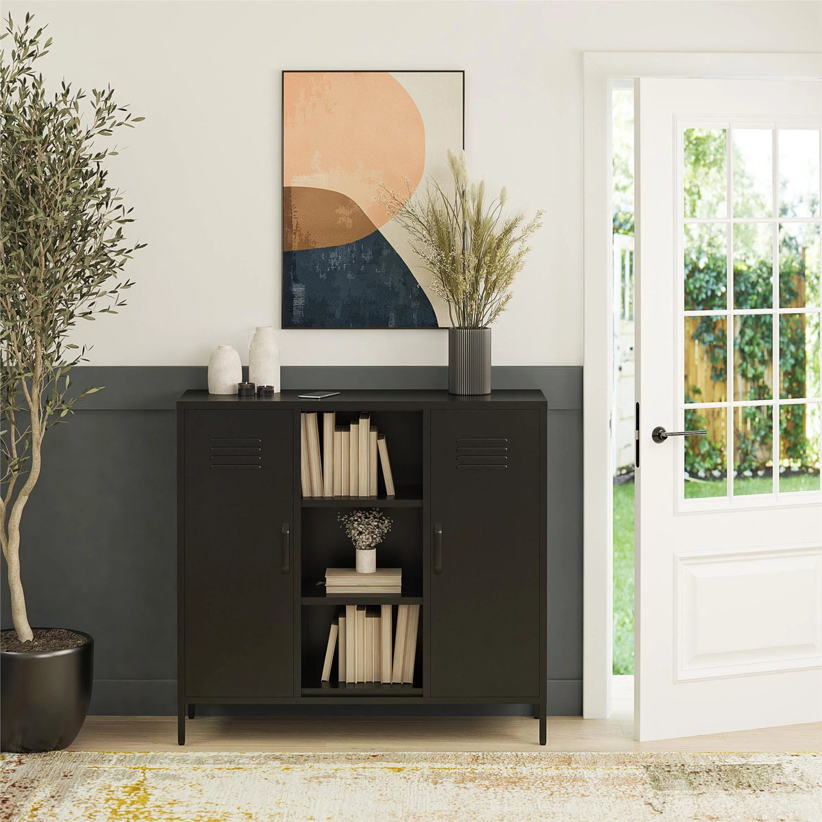 2 Door Metal Locker Accent Storage Cabinet with Bookcase, Black X66080