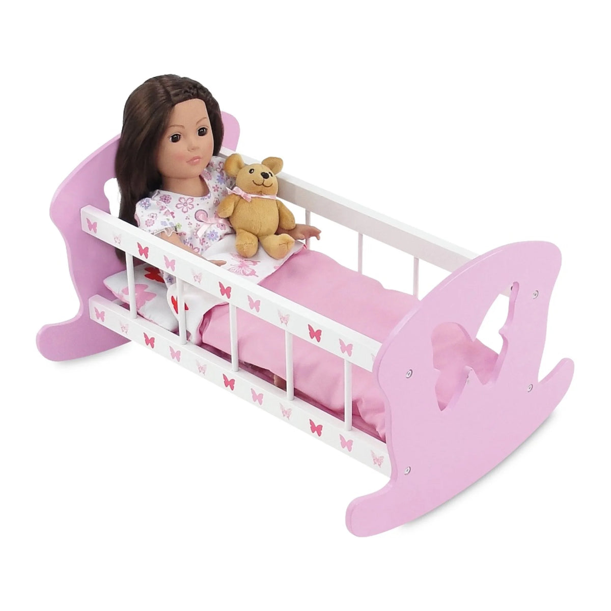 Doll Rocking Cradle with 3 Piece Reversible Doll Bedding I743