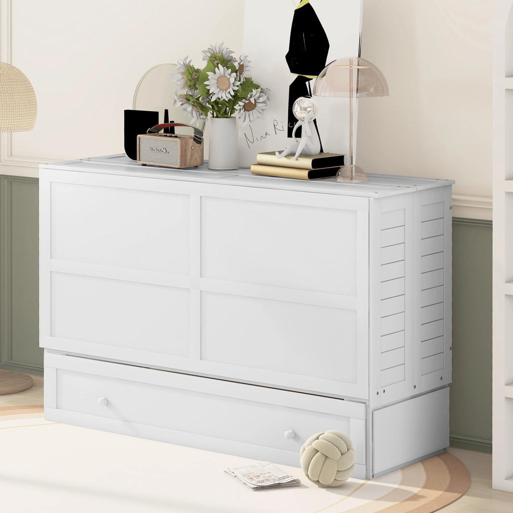 White Queen Size Wood Murphy Bed Cabinet with Storage Drawer P632