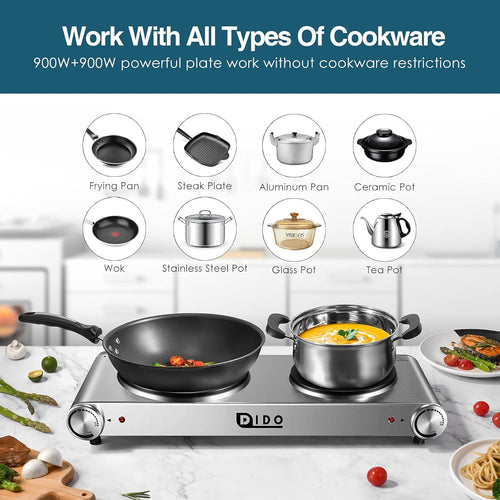 1800W Portable Electric Double Burner Hot Plate with Stainless Steel Cooktop F633