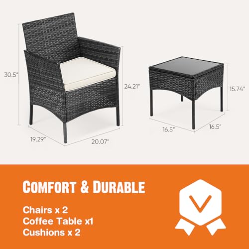 3 Pieces Wicker Rattan Patio Furniture Set with Cushion and Glass Table K128043