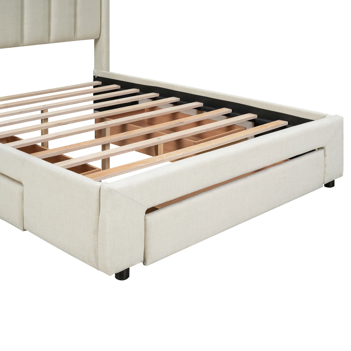 Beige Queen Size Upholstered Platform Bed with 3 Storage Drawers P915