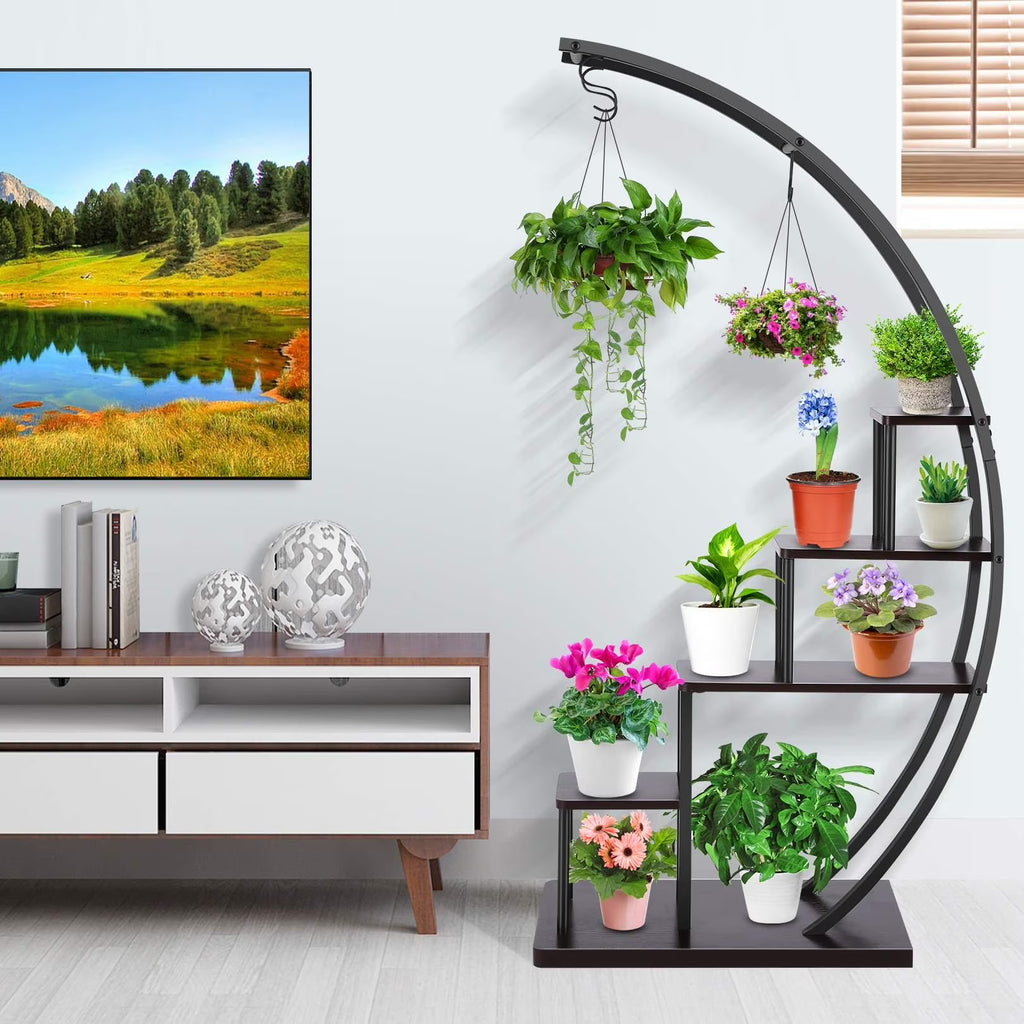 5 Tier Half Moon Shape Plant Stand with Hanging Hook V944822