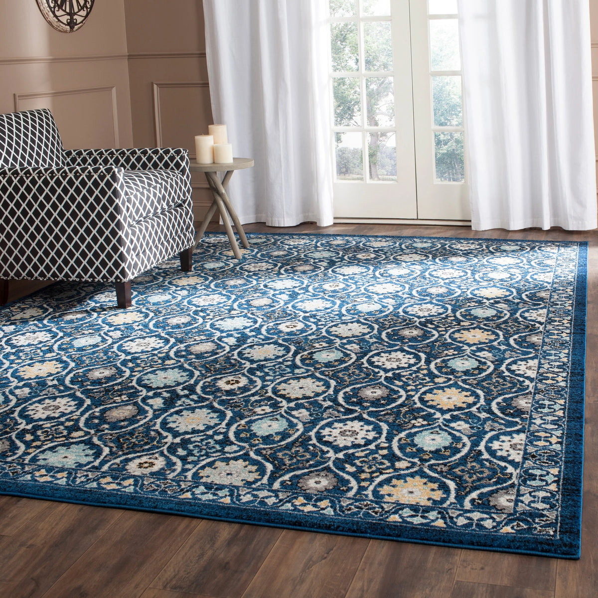 Ivory Blue 8' x 10' Floral Geometric Area Rug F2212
