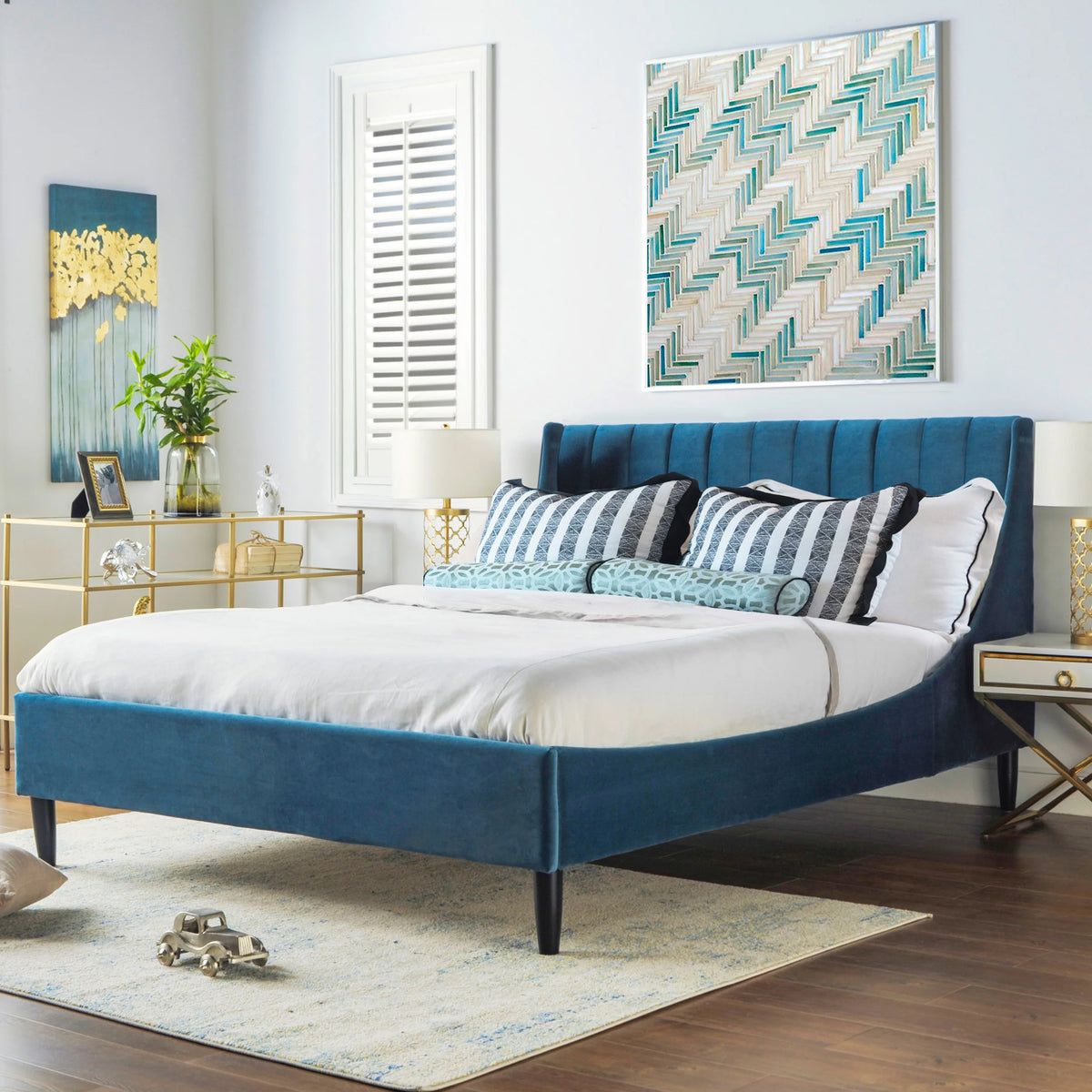 Queen Satin Teal Velvet Tufted Platform Bed E602092