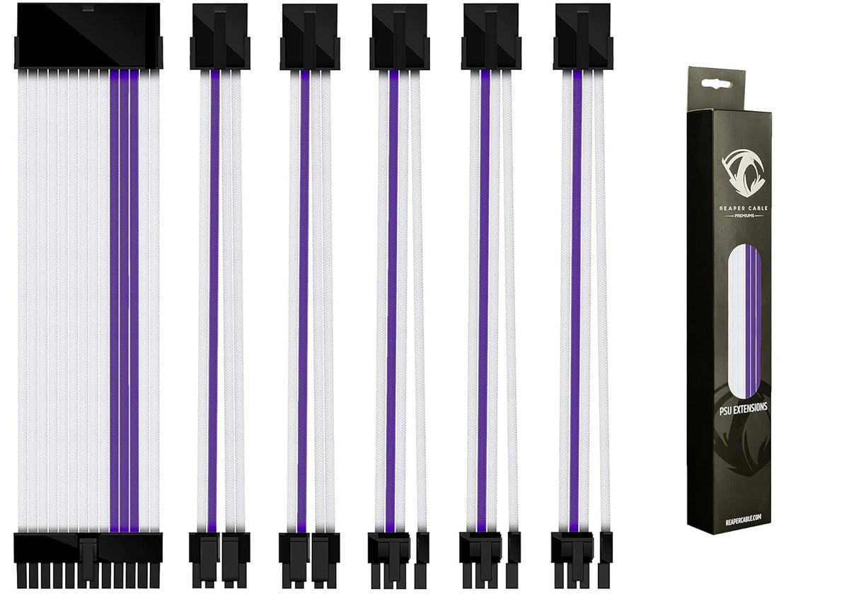 Sleeved PSU Extension Set with Aluminium Cable Combs, 24 Pin, 4+4 Pin, 6+2 Pin, 30cm, White & Purple, Pack of 2 B684