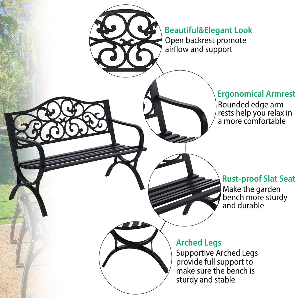 50" Outdoor Iron Cast Garden Park Bench - Black L929
