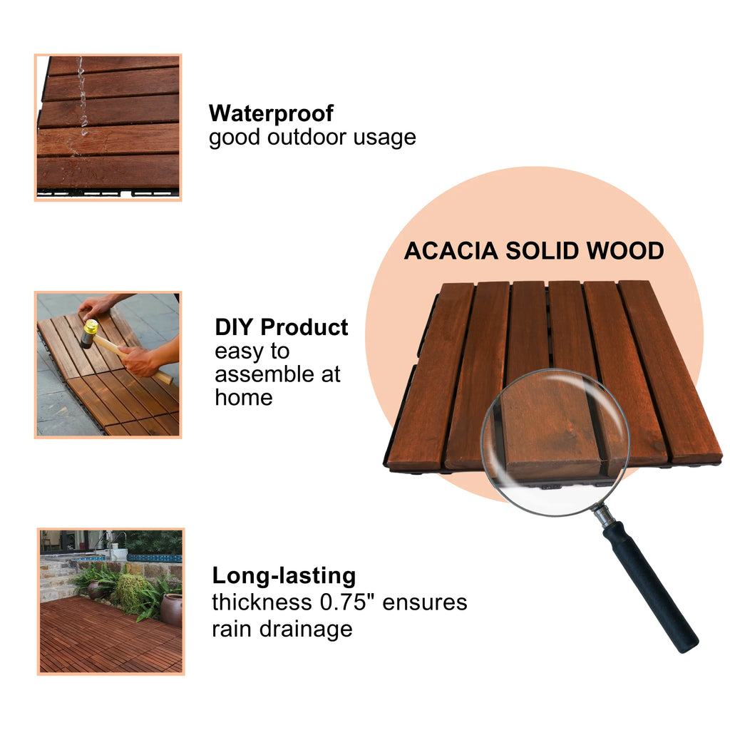Pack of 20 12"x12" Interlocking Acacia Wood Deck Tiles N3732