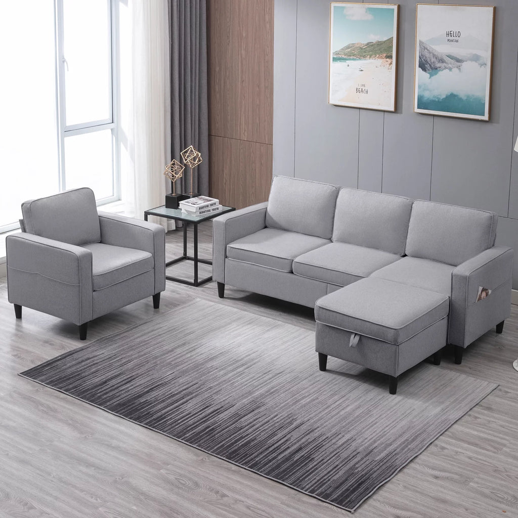 Light Gray 3 Pcs Convertible Sectional Sofa with Storage Ottoman W460