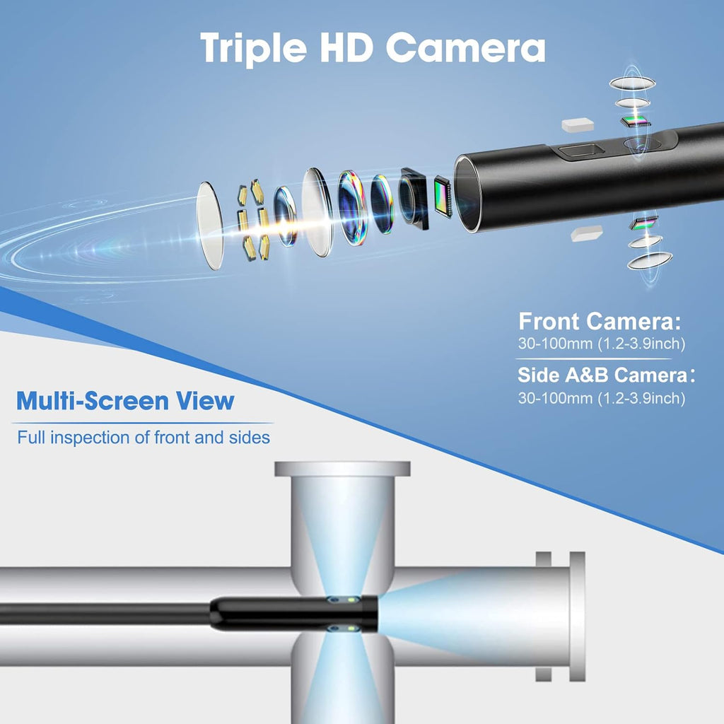 Triple Lens Endoscope Camera with 32GB Card, 16.5ft Semi-Rigid Cable O641